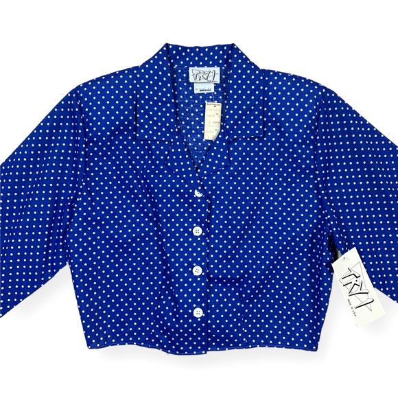 NWT Vintage Try 1 Cropped Blue White Polka-Dot Button Down Blouse Top- Medium - Picture 3 of 9